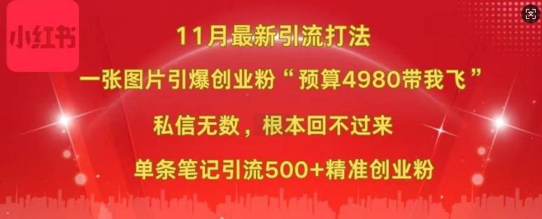 小红书11月最新图片打粉,一张图片引爆创业粉,“预算4980带我飞”,单条引流500+精准创业粉-润格副业网-每天分享热门副业赚钱项目