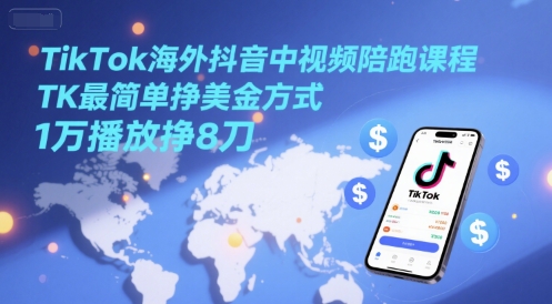 TikTok海外抖音中视频陪跑课程,TK最简单挣美金方式,1万播放挣8刀-润格副业网-每天分享热门副业赚钱项目