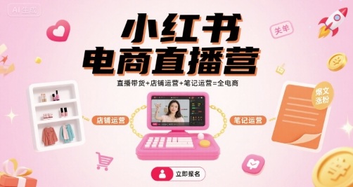 小红书电商直播营，直播带货+店铺运营+笔记运营=全电商-润格副业网-每天分享热门副业赚钱项目