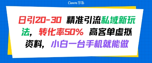 日引 20-30 精准引流私域新玩法，转化率50% 高客单虚拟资料，小白一台手机就能做-润格副业网-每天分享热门副业赚钱项目