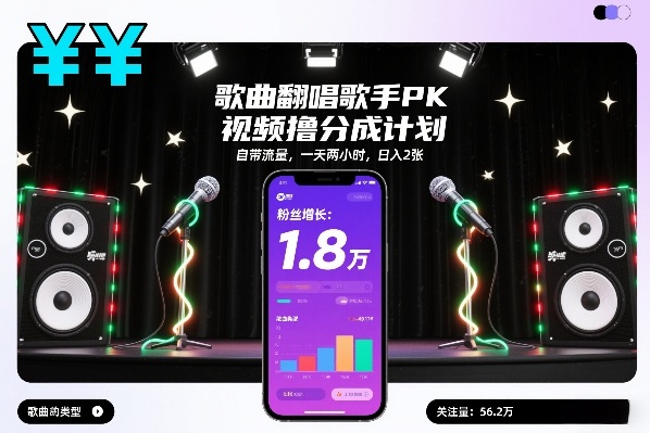 歌曲翻唱歌手PK视频撸分成计划，自带流量，一天两小时，日入2张-润格副业网-每天分享热门副业赚钱项目