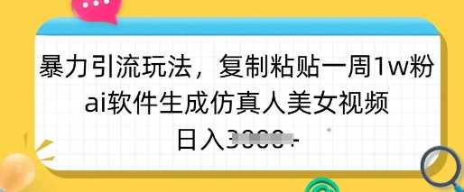 暴力引流玩法，复制粘贴一周1w粉，ai软件生成仿真人美女视频，日入多张-润格副业网-每天分享热门副业赚钱项目