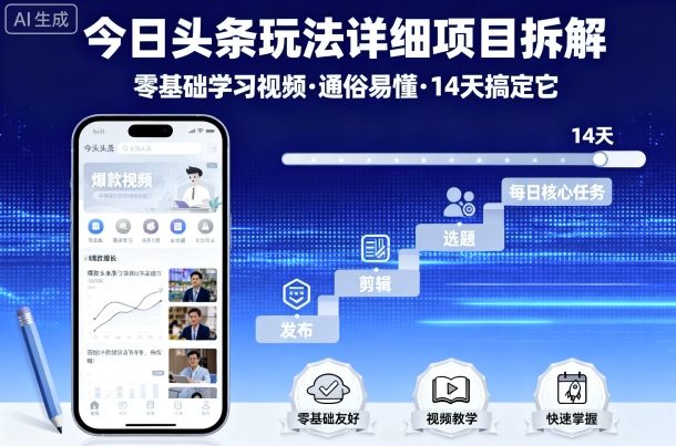今日头条玩法详细项目拆解，零基础学习视频 通俗易懂 14天搞定它-润格副业网-每天分享热门副业赚钱项目