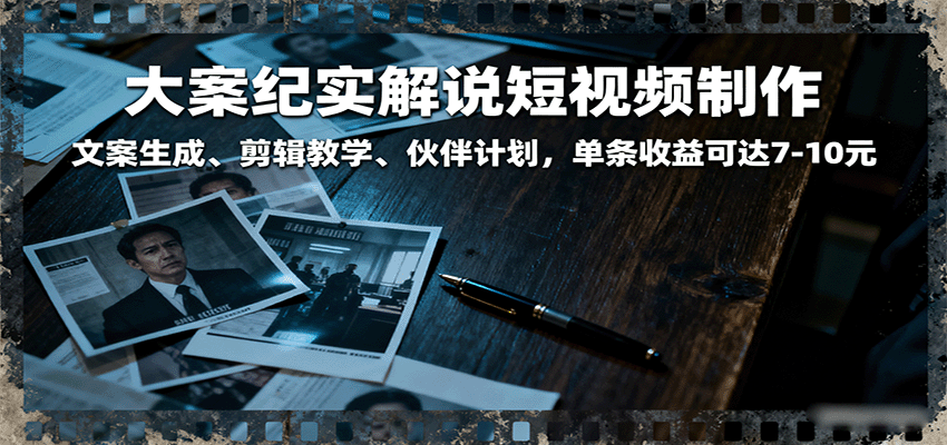 大案纪实解说短视频制作，文案生成、剪辑教学、伙伴计划，单条收益可达7-10元-润格副业网-每天分享热门副业赚钱项目