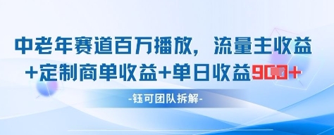 中老年赛道百万播放+流量主收益+定制收益，单日收益9张-润格副业网-每天分享热门副业赚钱项目