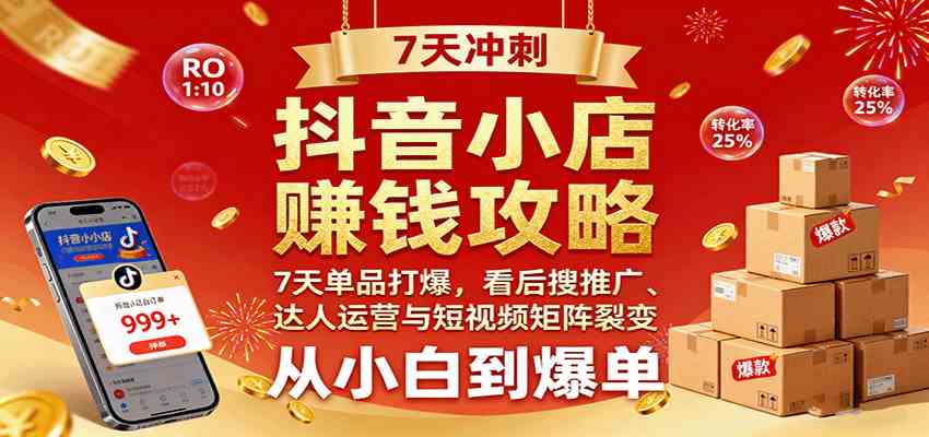 抖音小店赚钱攻略：7天单品打爆技巧，看后搜推广、达人运营与短视频矩阵裂变实战-润格副业网-每天分享热门副业赚钱项目