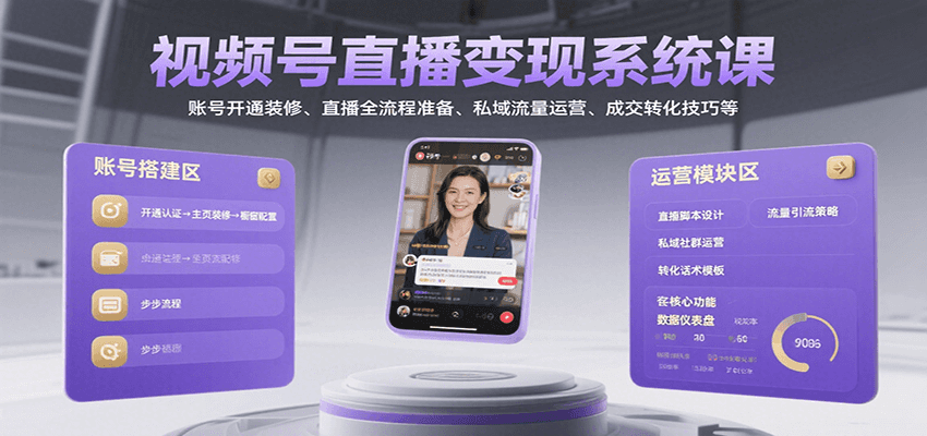 视频号直播变现系统课，账号开通装修、直播全流程准备、私域流量运营、成交转化技巧等-润格副业网-每天分享热门副业赚钱项目