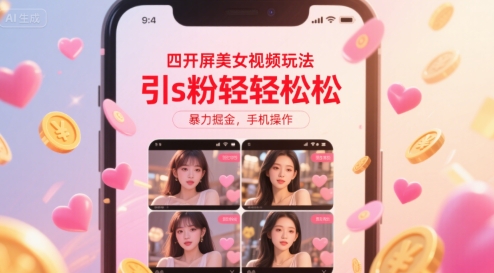 四开屏美女视频玩法，引s粉轻轻松松，暴力掘金，手机操作【揭秘】-润格副业网-每天分享热门副业赚钱项目