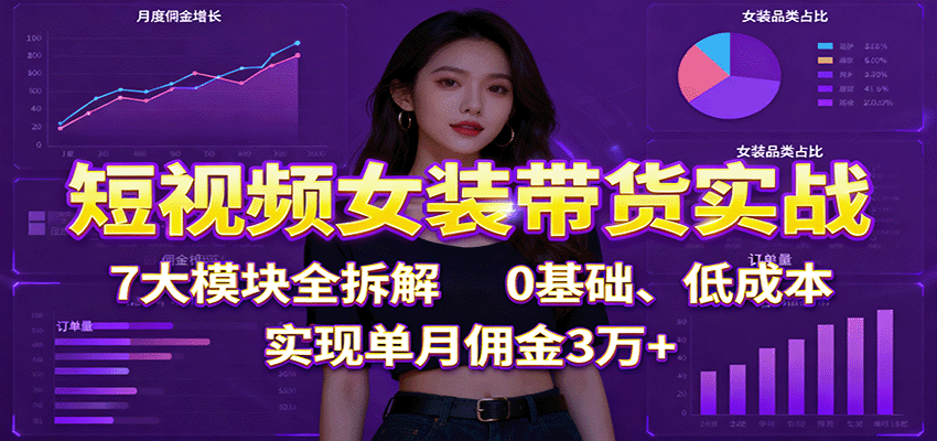 短视频女装带货实战：7大模块全拆解，0基础、低成本，实现单月佣金3万+-润格副业网-每天分享热门副业赚钱项目
