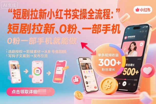 短剧拉新小红书实操全流程，0粉一部手机就可以做，详细教程-润格副业网-每天分享热门副业赚钱项目