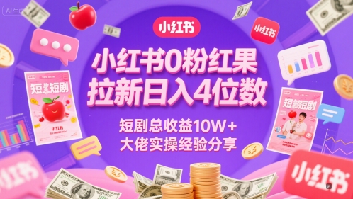 小红书0粉红果短剧拉新日入4位，数短剧总收益10W+大佬实操经验分享-润格副业网-每天分享热门副业赚钱项目