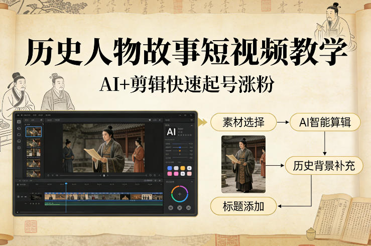 历史人物故事短视频教学,AI+剪辑制作历史人物题材短视频,快速起号涨粉-润格副业网-每天分享热门副业赚钱项目