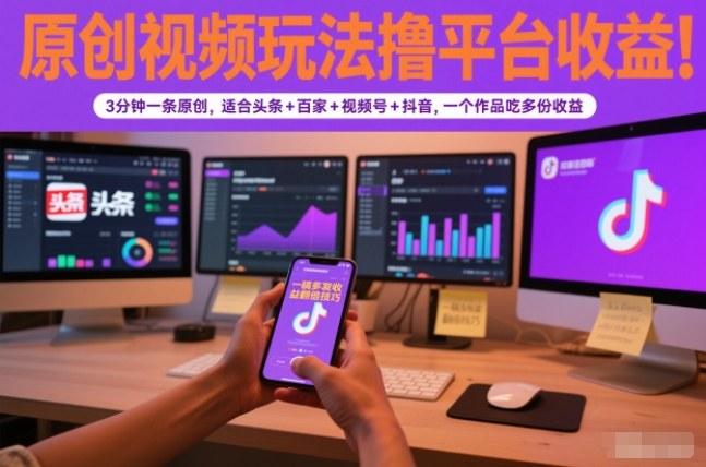 原创视频玩法撸平台收益，3分钟一条原创，适合头条+百家+视频号+抖音，一个作品吃多份收益-润格副业网-每天分享热门副业赚钱项目