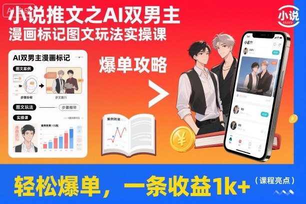 小说推文之AI双男主漫画标记图文玩法实操课，轻松爆单，一条收益1k+-润格副业网-每天分享热门副业赚钱项目