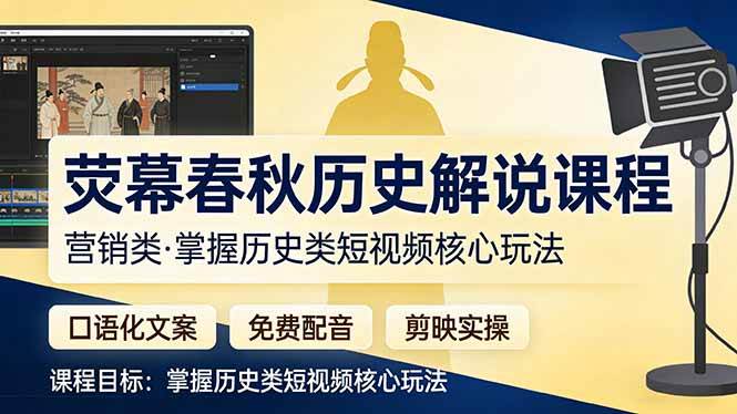 （17686期）荧幕春秋历史(营销类）解说课程：口语化文案+免费配音+剪映实操，掌握历史类短视频核心玩法-润格副业网-每天分享热门副业赚钱项目
