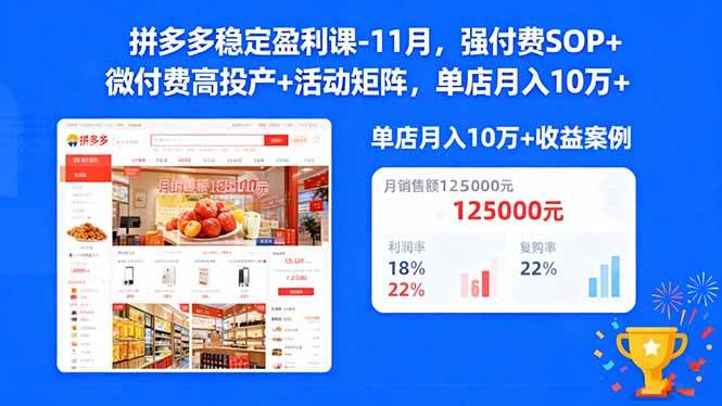 （16473期）拼多多稳定盈利课-11月，强付费SOP+微付费高投产+活动矩阵，单店月入10万+-润格副业网-每天分享热门副业赚钱项目