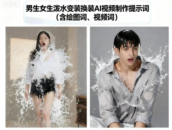 男生女生泼水变装换装AI视频制作提示词(含绘图词、视频词)-润格副业网-每天分享热门副业赚钱项目