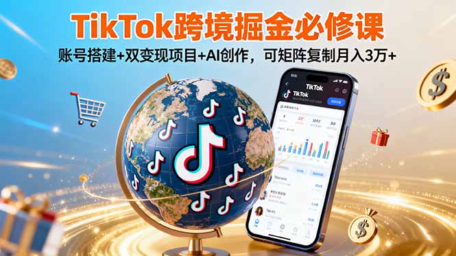 TikTo跨境掘金必修课,账号搭建+双变现项目+AI创作,可矩阵复制月入3万+-润格副业网-每天分享热门副业赚钱项目