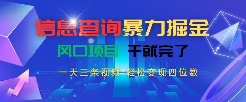 信息查询暴力掘金，一天三条视频，轻松变现四位数，风口项目干就完了【揭秘】-润格副业网-每天分享热门副业赚钱项目