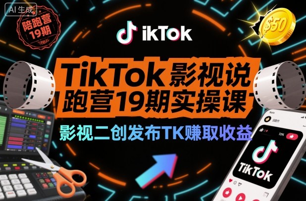TikTok影视解说陪跑营19期实操课，影视二创发布TK賺取收益，万播收益50美金-润格副业网-每天分享热门副业赚钱项目