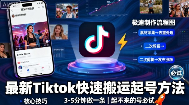 最新Tiktok快速搬运快速起号方法，3-5分钟做一条，起不来的号可以试试-润格副业网-每天分享热门副业赚钱项目