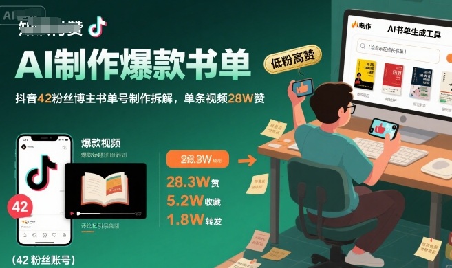 AI制作爆款书单,抖音42粉丝博主书单号制作拆解,单条视频28W赞-润格副业网-每天分享热门副业赚钱项目