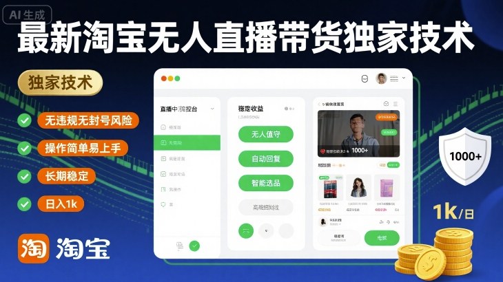 最新淘宝无人直播带货独家技术，无违规无封号风险，操作简单易上手，长期稳定日入1k【揭秘】-润格副业网-每天分享热门副业赚钱项目