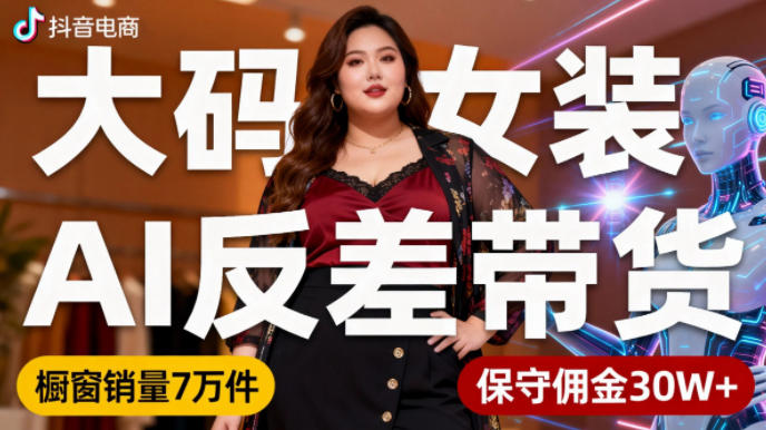抖音小众赛道，大码女装AI反差带货，不用直播，每天6条作品，橱窗卖7万件，保守佣金30W+-润格副业网-每天分享热门副业赚钱项目