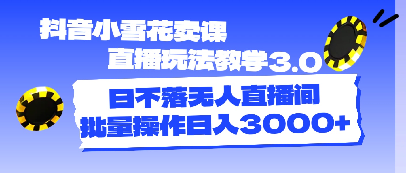 (11595期)抖音小雪花卖课直播玩法教学3.0,日不落无人直播间,批量操作日入3000+-润格副业网-每天分享热门副业赚钱项目