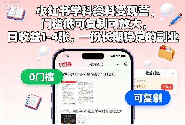 小红书学科资料变现营,门槛低可复制可放大,日收益1-4张,一份长期稳定的副业-润格副业网-每天分享热门副业赚钱项目