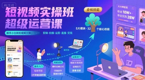 短视频实操班超级运营课，新手小白到短视频大神必修课程，剪辑-拍摄-运营-直播-变现-润格副业网-每天分享热门副业赚钱项目