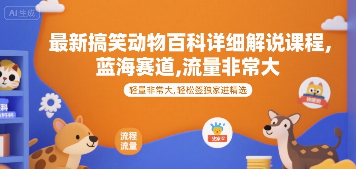 最新搞笑动物百科详细解说课程,蓝海赛道,流量非常大,轻松签独家进精选-润格副业网-每天分享热门副业赚钱项目