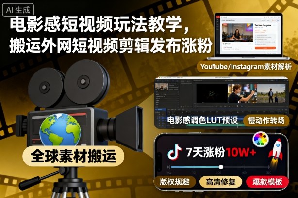 电影感短视频玩法教学,搬运外网短视频剪辑发布涨粉-润格副业网-每天分享热门副业赚钱项目