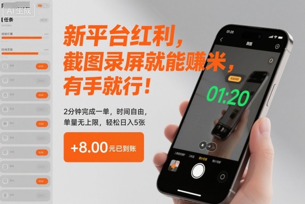 新平台红利，截图录屏就能賺米，有手就行！2分钟完成一单，时间自由，单量无上限，轻松日入5张【揭秘】-润格副业网-每天分享热门副业赚钱项目