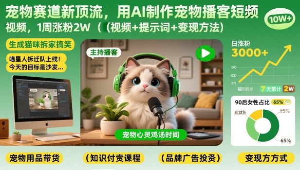 宠物赛道新顶流,用AI制作宠物播客短视频,1周涨粉2W(视频+提示词+变现方法)-润格副业网-每天分享热门副业赚钱项目