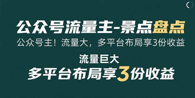 公众号流量主-景点盘点 流量巨大 多平台布局享3份收益-润格副业网-每天分享热门副业赚钱项目