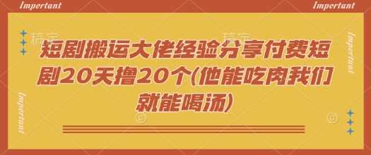 短剧搬运大佬经验分享付费短剧20天撸20个(他能吃肉我们就能喝汤)-润格副业网-每天分享热门副业赚钱项目