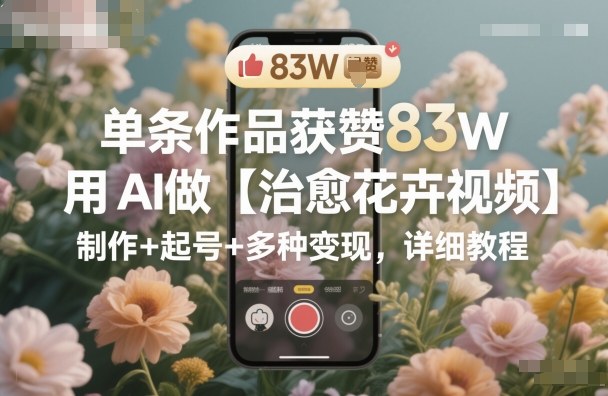 单条作品获赞83W，用AI做【治愈花卉视频】，制作+起号+多种变现，详细教程-润格副业网-每天分享热门副业赚钱项目