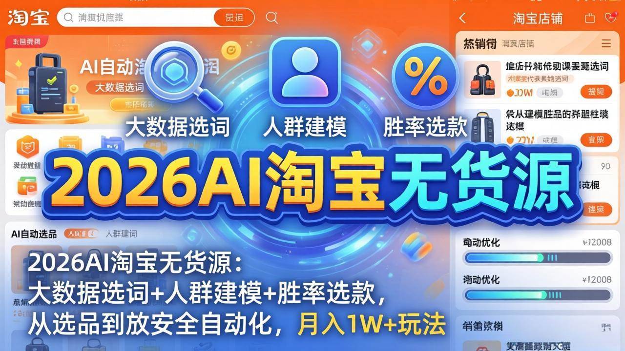 （17812期）2026AI淘宝无货源：大数据选词+人群建模+胜率选款，从选品到放大全自动化，月入1W+玩法-润格副业网-每天分享热门副业赚钱项目