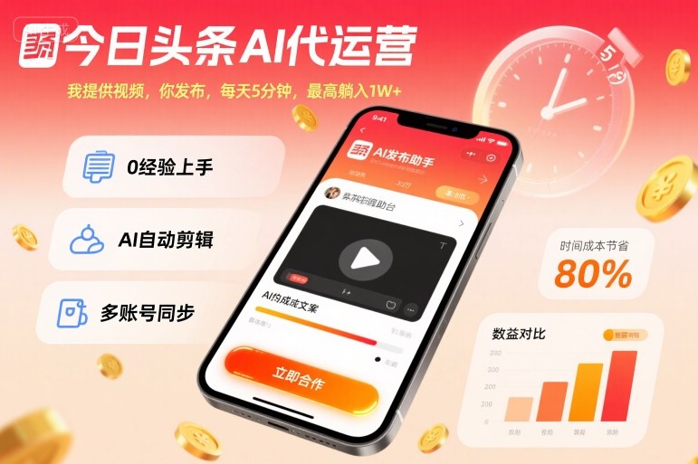 今日头条AI代运营，我提供视频，你发布，每天5分钟，最高躺入1W+【揭秘】-润格副业网-每天分享热门副业赚钱项目