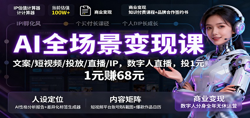 AI全场景变现课：文案/短视频/投放/直播/IP，数字人直播，投1元赚68元-润格副业网-每天分享热门副业赚钱项目