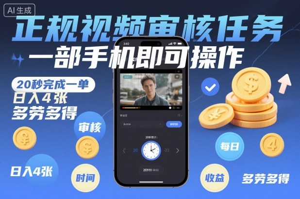 正规视频审核任务,一部手机即可操作,20秒完成一单,日入4张,多劳多得【揭秘】-润格副业网-每天分享热门副业赚钱项目