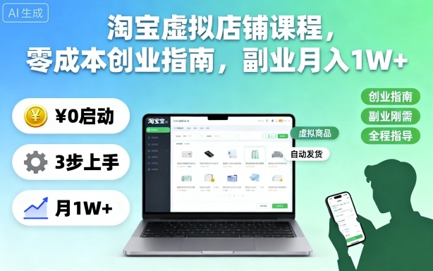 淘宝虚拟店铺课程,零成本创业指南,副业月入1W+-润格副业网-每天分享热门副业赚钱项目