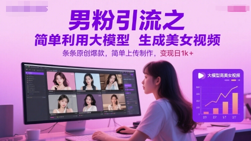 男粉引流之简单利用大模型生成美女视频,条条原创爆款,简单上传制作,变现日1k+-润格副业网-每天分享热门副业赚钱项目
