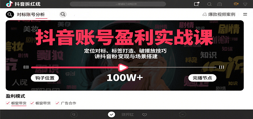 抖音账号盈利实战课,定位对标、标签打造、破播放技巧,讲涨粉变现与场景搭建-润格副业网-每天分享热门副业赚钱项目
