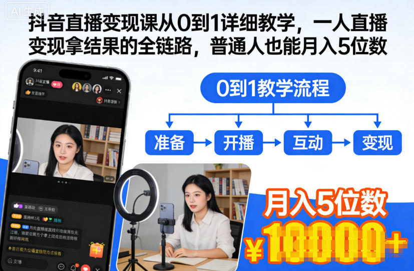 抖音直播变现课从0到1详细教学，一人直播变现拿结果的全链路，普通人也能月入5位数-润格副业网-每天分享热门副业赚钱项目