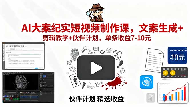 AI大案纪实短视频制作课，文案生成+剪辑教学+伙伴计划，单条收益7-10元-润格副业网-每天分享热门副业赚钱项目