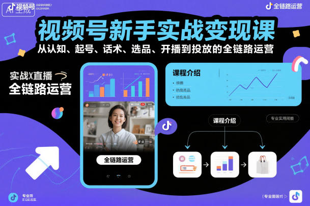 视频号新手实战变现课，从认知、起号、话术、选品、开播到投放的全链路运营-润格副业网-每天分享热门副业赚钱项目