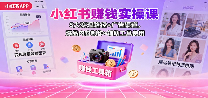 小红书赚钱实操课：5大变现路径+广告渠道，爆品内容制作+辅助工具使用-润格副业网-每天分享热门副业赚钱项目