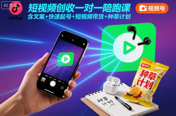 短视频创收一对一陪跑课，含文案+快速起号+短视频带货+种草计划-润格副业网-每天分享热门副业赚钱项目